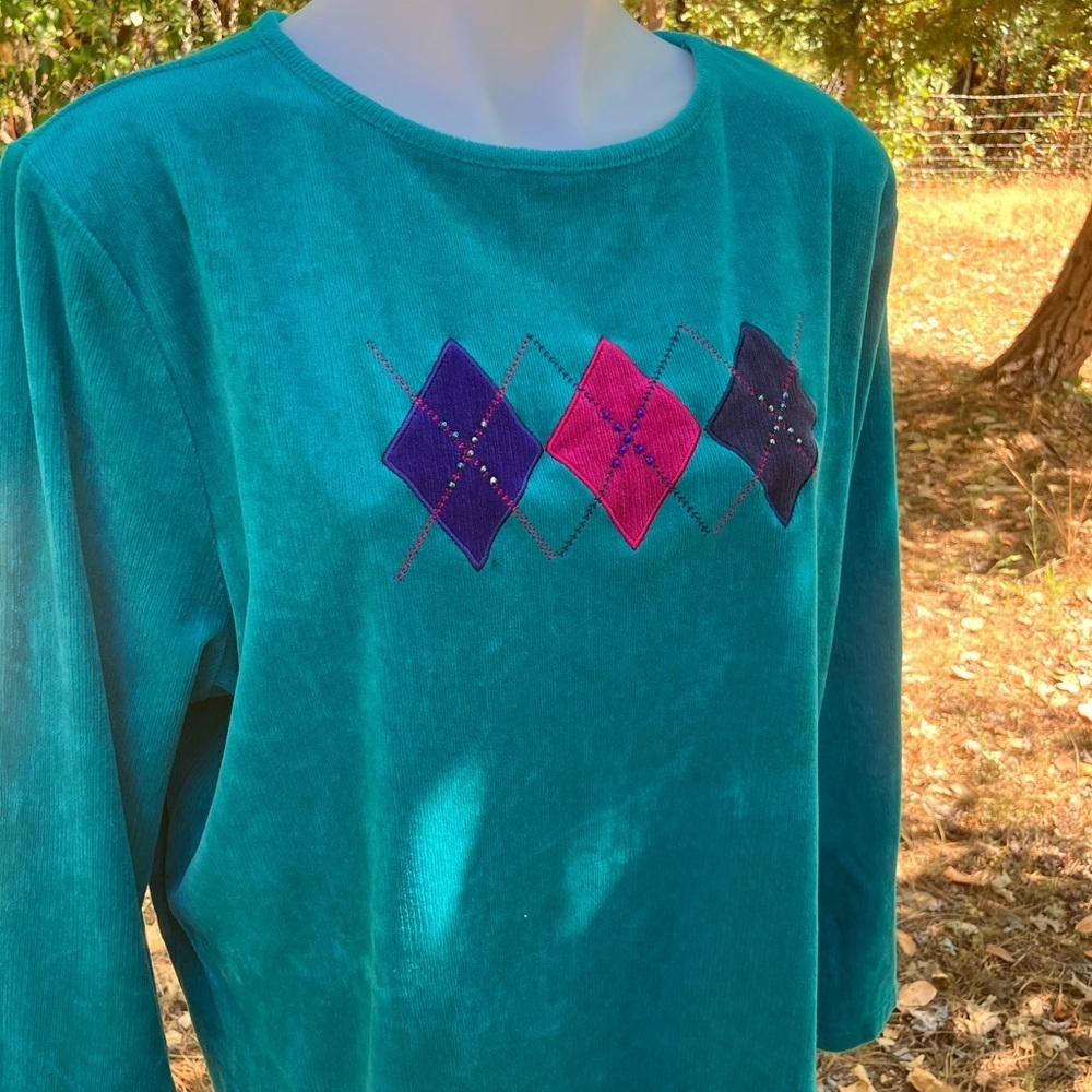 Napa Valley 80’s chenille Teal Long Sleeve Top with beaded Argyle Pattern 2x